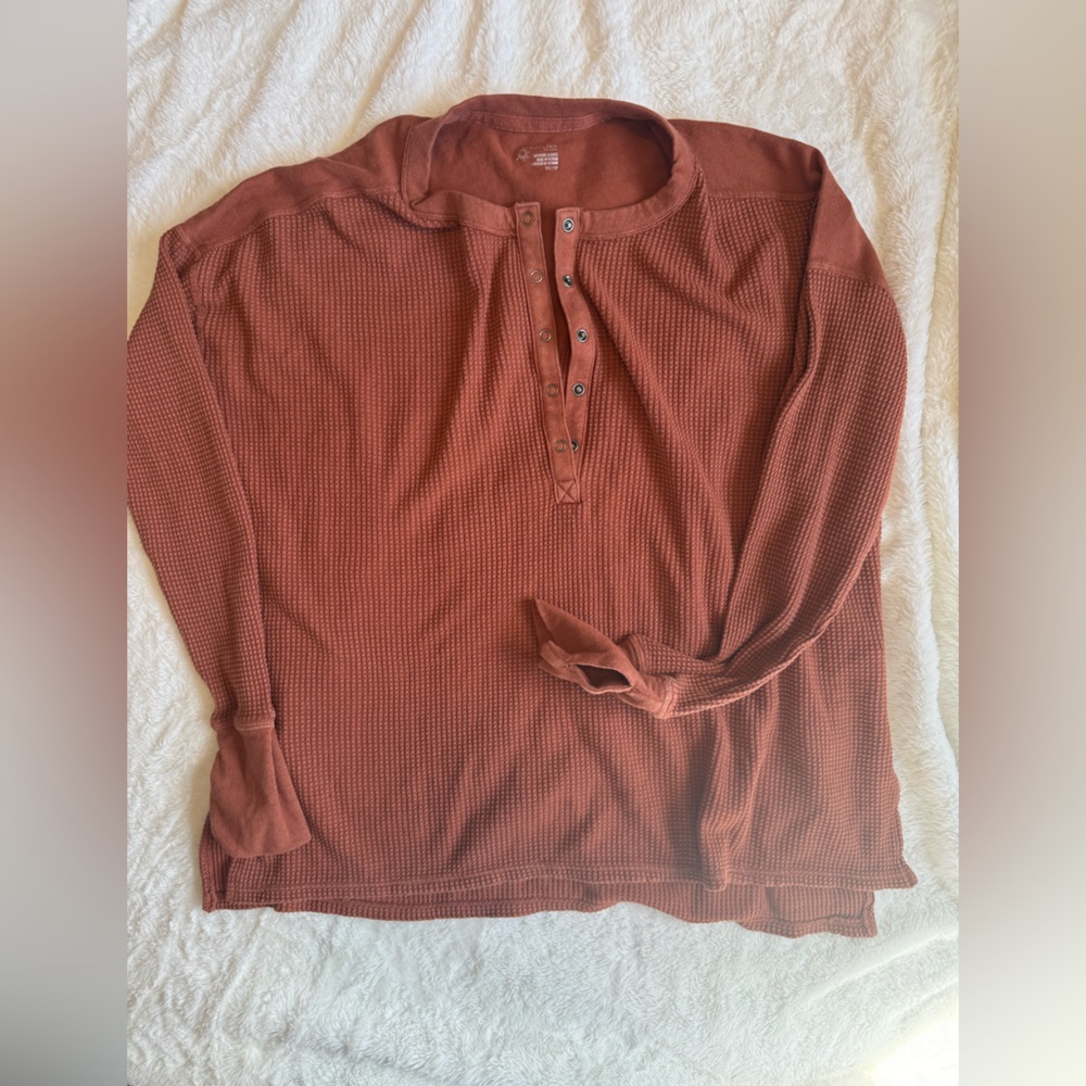 Waffle Knit Henley Thermal Top - Rust